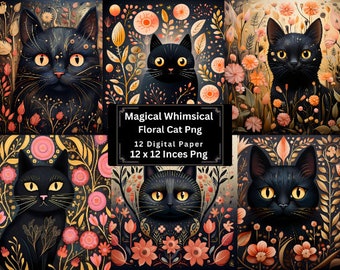 Whimsical Magical Black Cat Png Digital Paper, Beautiful textures, instant download, printable for commercial use, printable scrapbook paper