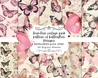 Vintage inspired seamless pattern of pink delicate butterflies, Digital Paper, Seamless Pattern, 20 JPEG , Commercial Use, instant download
