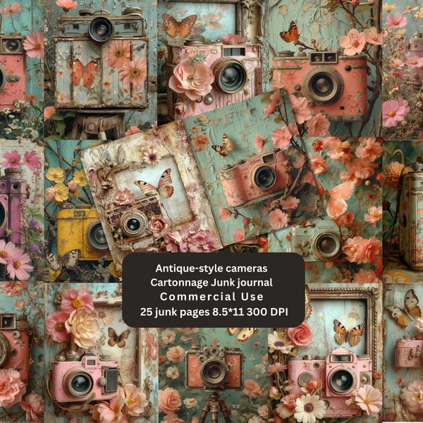 Antique-style camera cottagecore shabby chic style wallpaper, digital paper for decoupage card, Junk Journal Pages, Png kit ,Scrapbook Paper