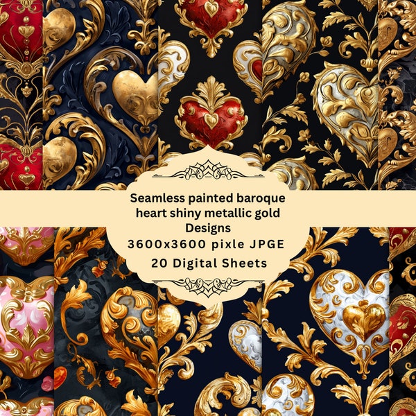 Rococo Heart pattern Wallpaper Digital Paper seamless JPEG , instant download vintage scrapbook paper, printable backgrounds, commercial use