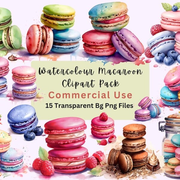 Aquarelle Macaron Clipart, Délicieux bonbons macaron Clip Art Bundle, dessert sucré, clipart, illustration de boulangerie, téléchargement immédiat