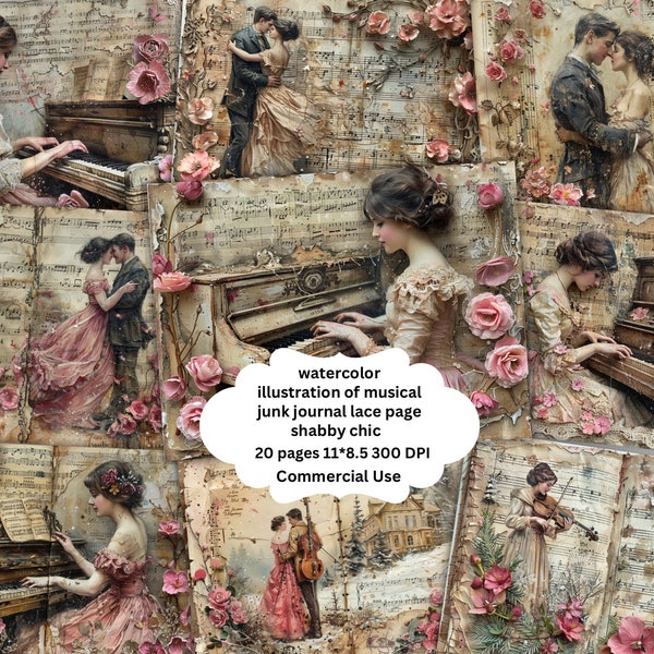 Music Vintage Junk Journal Pages, Digital Scrapbook Paper , Musical Instruments Printable, Romantic Collage Sheet, Music Ephemera, Old Piano