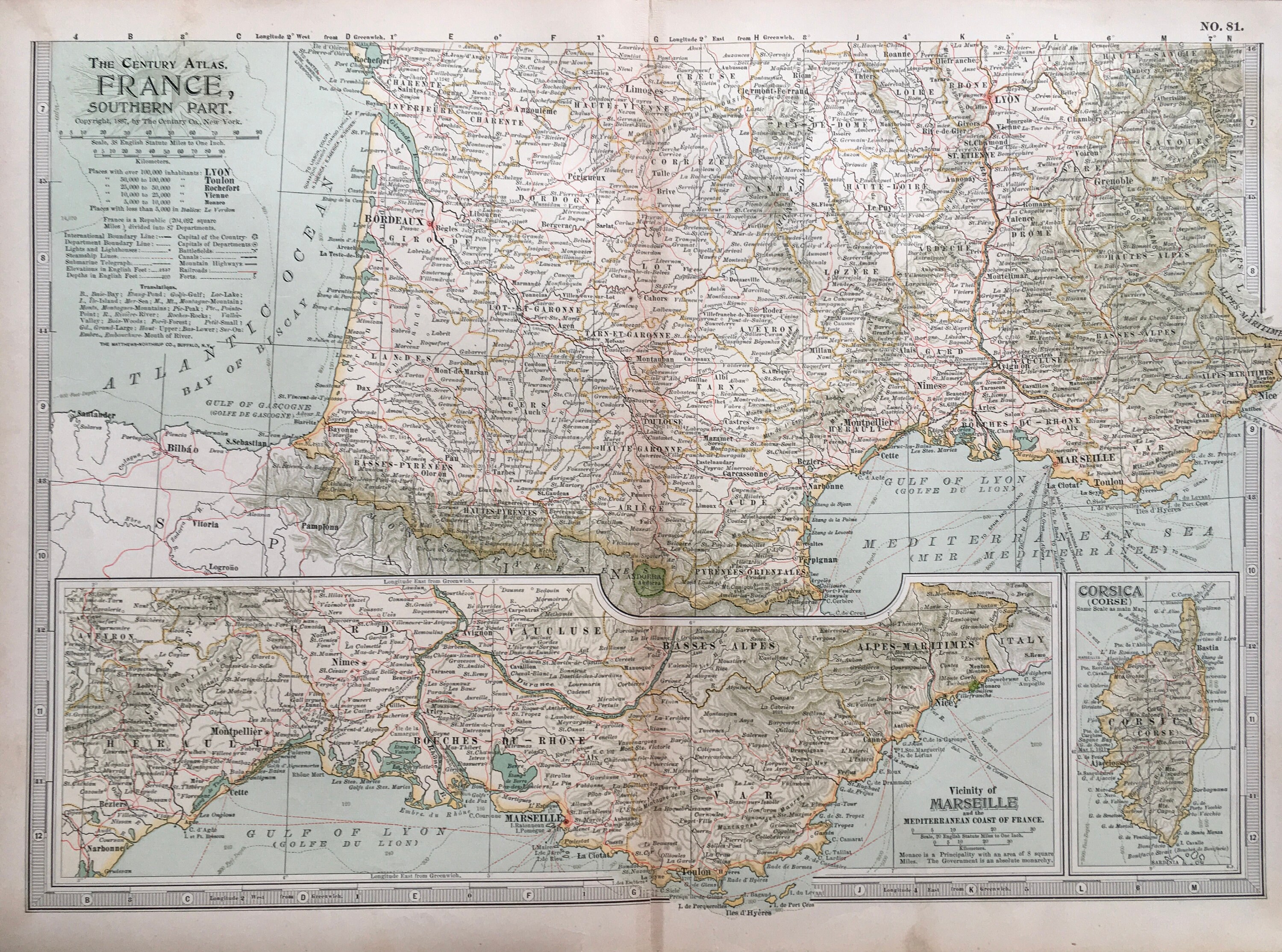 Antique Map of France Southern Part, 1890s Map France, Century Map