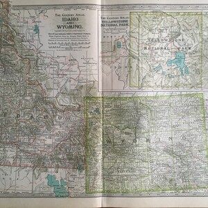 Antique Map Idaho and Wyoming 1897, 1902, Yellowstone Park, Century Atlas Map Old World