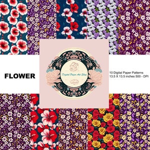10 seamless digital red/purple flower patterns, 500 DPI, 13.5x13.5 in,