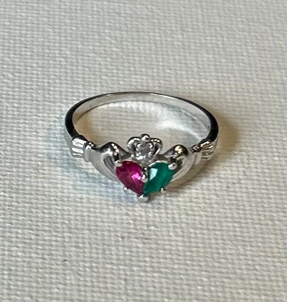 Moissanite, Emerald & Ruby Promise Ring (Silver)
