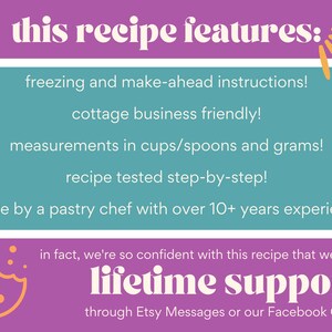 May include: Purple and teal graphic with the text "this recipe features:" and a list of features including freezing and make-ahead instructions, cottage business friendly, measurements in cups/spoons and grams, recipe tested step-by-step, and made by a pastry chef with over 10+ years experience. The graphic also includes a cookie with a bite taken out of it and the text "in fact, we're so confident with this recipe that we offer lifetime support! through Etsy Messages or our Facebook Group"