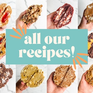 May include: A selection of freshly baked cookies, each cut in half to show the fillings. The cookies feature various flavours, including red velvet, chocolate, and peanut butter. The image includes the text "all our recipes!"