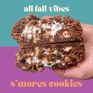 Op de afbeelding: Een close-up van een chocolade chip cookie met marshmallow en chocolade vulling. De cookie is doormidden gebroken, waardoor de kleverige vulling zichtbaar wordt. De tekst "all fall vibes" staat boven de cookie en "s'mores cookies" staat onder de cookie.