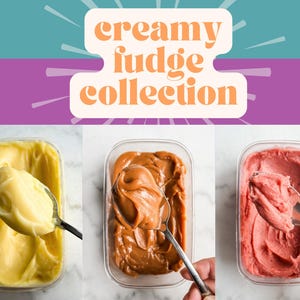 以下が含まれることがあります： 画像は、黄色、茶色、ピンクの3つのフレーバーの「クリーミーファッジコレクション」を紹介しています。各ファッジは透明な長方形の容器に入れられ、スプーンで一部をすくっています。背景は、ティールと紫色の配色です。
