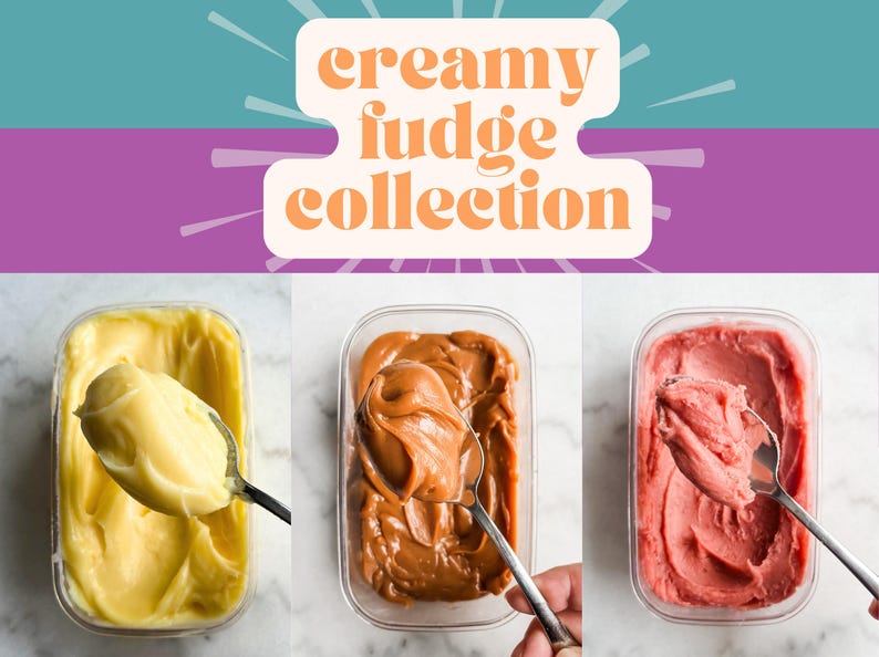 以下が含まれることがあります： 画像は、黄色、茶色、ピンクの3つのフレーバーの「クリーミーファッジコレクション」を紹介しています。各ファッジは透明な長方形の容器に入れられ、スプーンで一部をすくっています。背景は、ティールと紫色の配色です。