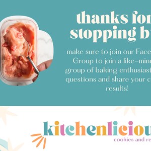 以下が含まれることがあります： ピンク色の食べ物がスプーンですくわれています。「お立ち寄りいただきありがとうございます！」というテキストがあり、お菓子作りの愛好家のためのFacebookグループへの参加を促しています。Kitchenliciousのロゴが下にあります。