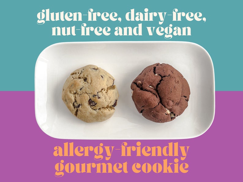 May include: Two gourmet cookies on a white plate. The cookies are gluten-free, dairy-free, nut-free, and vegan. One cookie is chocolate chip and the other is chocolate.