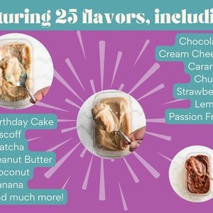 以下が含まれることがあります： チョコレート、クリームチーズ、キャラメル、チュロス、イチゴ、レモン、パッションフルーツなど、25種類のフレーバーを紹介する画像。バースデーケーキ、ビスコフ、抹茶、ピーナッツバター、ココナッツ、バナナなどのフレーバーも含まれています。背景は紫です。