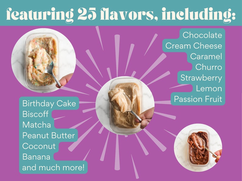 以下が含まれることがあります： チョコレート、クリームチーズ、キャラメル、チュロス、イチゴ、レモン、パッションフルーツなど、25種類のフレーバーを紹介する画像。バースデーケーキ、ビスコフ、抹茶、ピーナッツバター、ココナッツ、バナナなどのフレーバーも含まれています。背景は紫です。