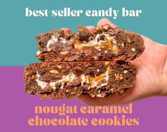 Peanut Nougat Caramel Chocolate Cookie Recipe | Snickers Inspired Cookie | Gourmet Stuffed Cookie | NY Style Cookies