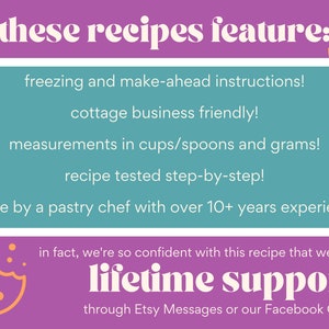 以下が含まれることがあります： 「これらのレシピの特徴：」というテキストと、冷凍方法、小規模ビジネス向け、カップ、スプーン、グラムでの測定などの機能のリストが記載されたグラフィック。テキストには、生涯サポートについても記載されています。