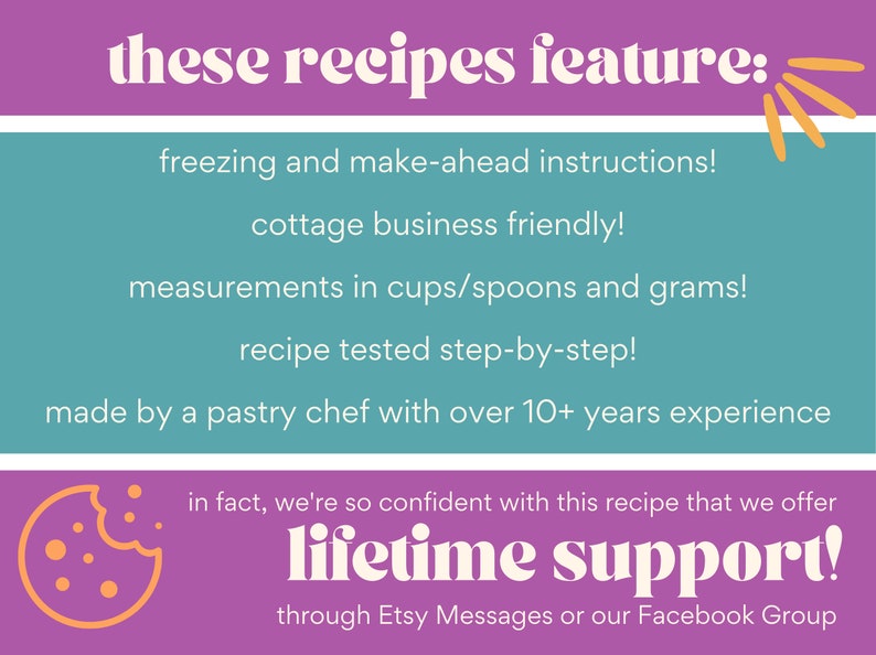 以下が含まれることがあります： 「これらのレシピの特徴：」というテキストと、冷凍方法、小規模ビジネス向け、カップ、スプーン、グラムでの測定などの機能のリストが記載されたグラフィック。テキストには、生涯サポートについても記載されています。