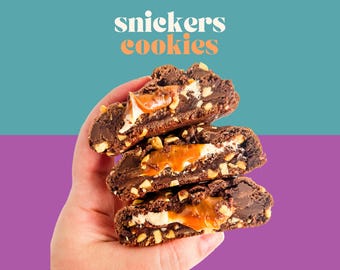 Receta de galletas rellenas gourmet de Snickers / Receta de galletas de chocolate, caramelo y turrón de maní / Galletas rellenas gourmet / Galletas estilo Nueva York