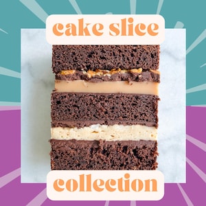 Op de afbeelding: Een close-up van een gelaagde chocoladetaartpunt met karamel- en pindakaasglazuur. De taart ligt op een wit oppervlak met de woorden "cake slice collection" boven en onder de taart.