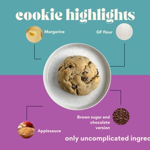 May include: A close-up of a chocolate chip cookie on a white plate. The ingredients are listed around the cookie, including margarine, GF flour, applesauce, and brown sugar and chocolate chips. The text "cookie highlights" and "only uncomplicated ingredients!" are also included.