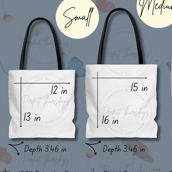 AOP Tote Bag Size Chart Mockup, AOP Tote Bag Size Guide Care Instructions and Key Features Mockup, Tote Bag Product Details Butterfly Theme