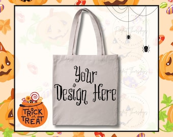 Natural Canvas Tote Bag Halloween Size Chart Mockup, Natural Canvas Tote Bag Product Detail Mockup, Halloween Canvas Bag Mockup, Tote Bag