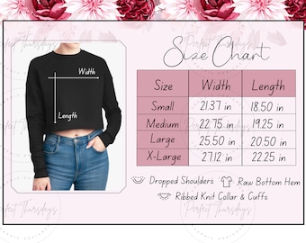 Bella Canvas 7503 Size Chart Care Instructions and Key Features Mockups, Crop Top Long Sleeve Tshirt Size Chart Mockup, Bella and Canvas