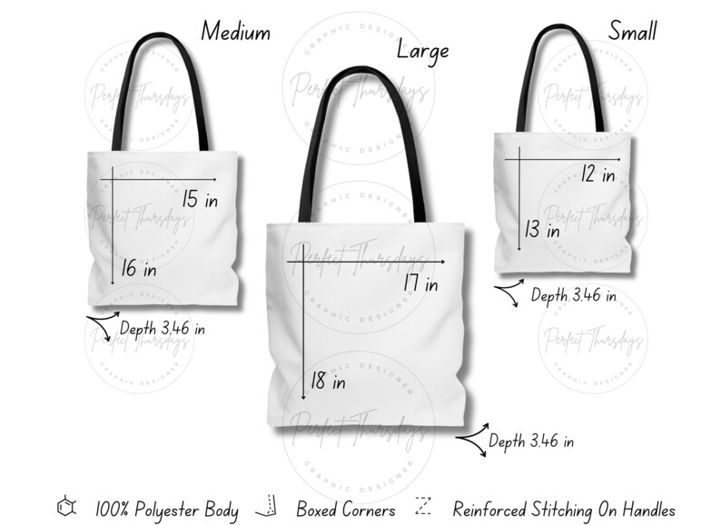 AOP Tote Bag Size Chart Care Instructions and Key Features Mockup