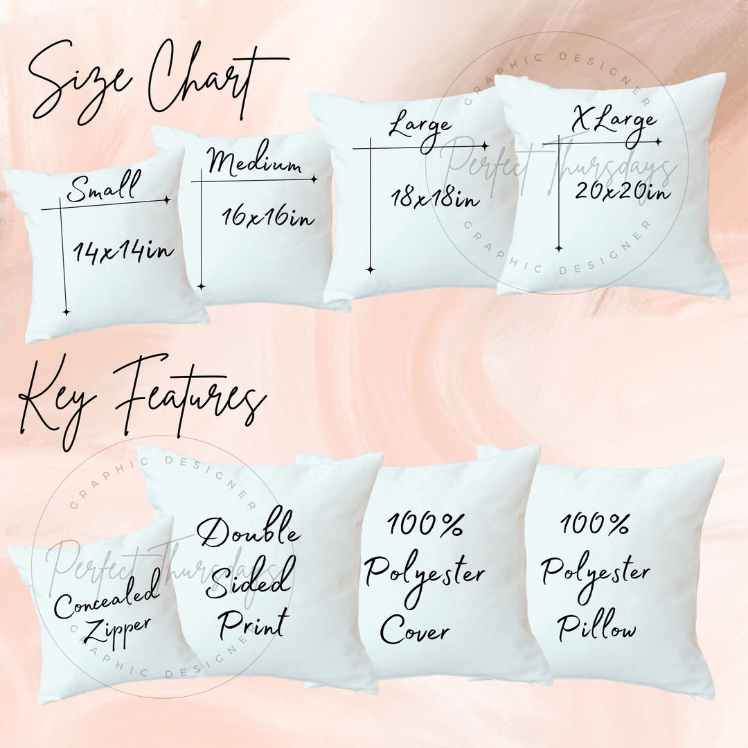 Throw Pillow Size Chart Key Features Mockup, AOP Throw Pillow Size