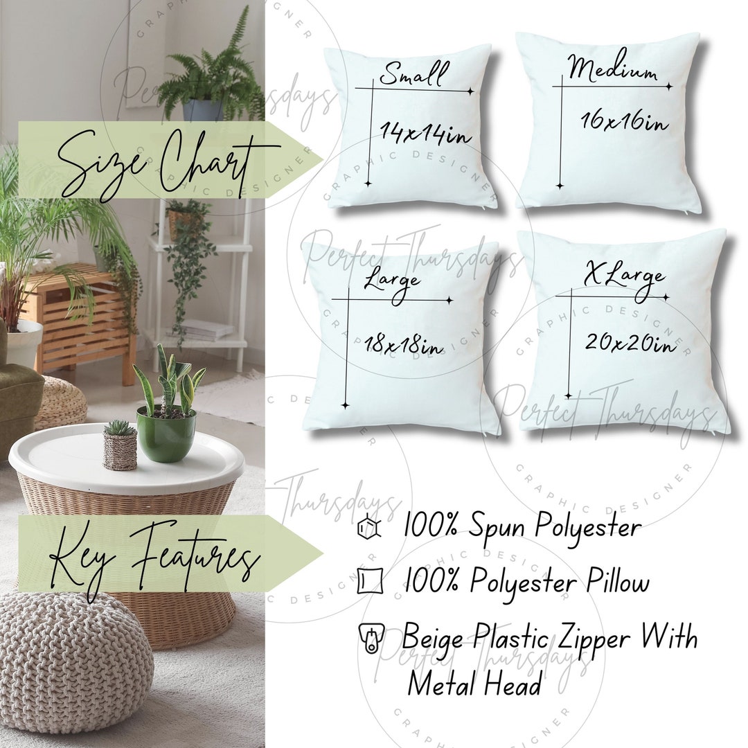 AOP Throw Pillow Size Chart Care Instructions Mockup, Decorative AOP
