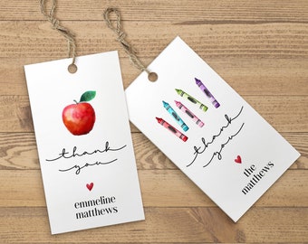 Instant Download Editable Apple Tag & Crayon Tag Templates for Teacher Appreciation, School Thank You Tag, and Gift Tags