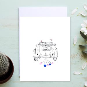 Carte de mariage faite main respectueuse de l'environnement - Illustration de voiture Just Married - Carte de mariage faite main durable