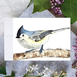 Oiseau peint à la main, carte d'anniversaire, carte de voeux vierge, oiseau mésange, carte oiseau bleu