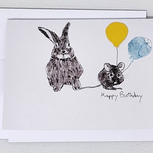 Birthday card rabbit mouse, birthday card, cute animal card, cute card, hand illustrated, greeting card, unique card, card for birthday