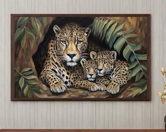 母ジャガーと子ジャガーのプリント、ジャングルの野生動物の抽象画