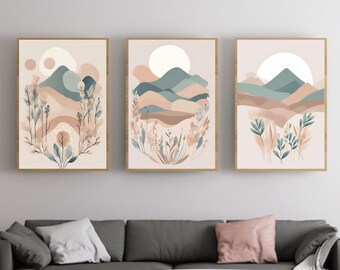 Boho Mountainscape Wall Art Set of 3 Prints, Modern Abstract Wall Decor (Digital Download)
