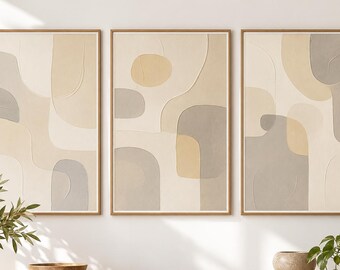 Beige Abstract Wall Art Prints Set of 3, Scandinavian Boho Decor (Digital Download)