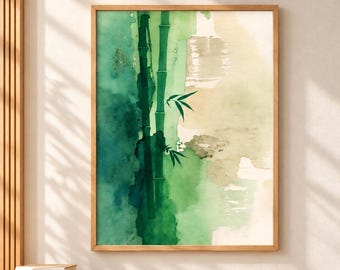 Könnte beinhalten: Ein gerahmter Wandkunstdruck mit einem Aquarellgemälde von Bambusstangen in dunklen Waldgrün- und hellen Lindgrüntönen vor einem cremefarbenen und beigen Hintergrund mit abstrakten Farbwäschen und dezenten Blattgoldakzenten.