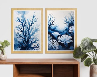 Abstracte oceaanaquarelprint, blauwe zeeplanten muurkunst (digitale print)