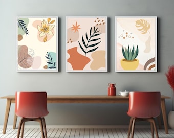 Abstract Botanical Prints Set of 3, Minimalist Boho Floral Gallery Wall Art (Digital Download)