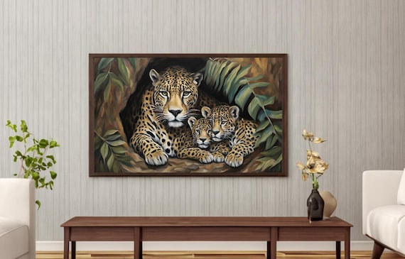 母ジャガーと子ジャガーのプリント、ジャングルの野生動物の抽象画