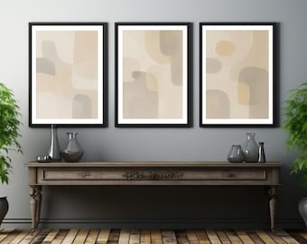 Set of 3 Neutral Abstract Prints, Beige Minimalist Scandinavian Wall Art (Digital Download)