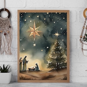 Christmas Nativity Print, Water Color Nativity Scene Art, Christmas Wall Art,  Religious Nativity Art,  Holiday Nativity Digital Download