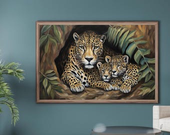 母ジャガーと子ジャガーのプリント、ジャングルの野生動物の抽象画
