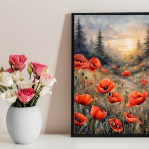 Red Poppy Miniature Wall Art, Floral Nature Art Print, Poppy Flowers Digital Download, Poppy Painting, Printable Poppy Art, wildflowers Art