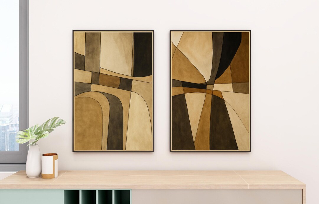 Mid Century Modern Abstract Print, Beige Brown Geometric Wall Art ...