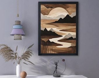 Neutral abstrakt bergslandskapstavla, jordfärgad väggkonst, minimalistisk flod (digital nedladdning)