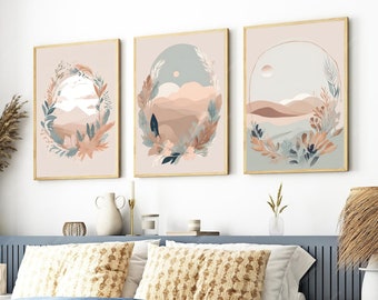 Boho Botanical Landscape Wall Art Set of 3, Abstract Neutral Pastel Mountain Print (Digital Download)