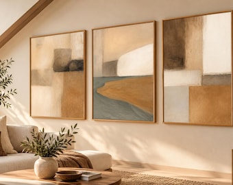 Neutral Abstract Wall Art Set of 3, Beige Minimalist Japandi Decor (Digital Download)